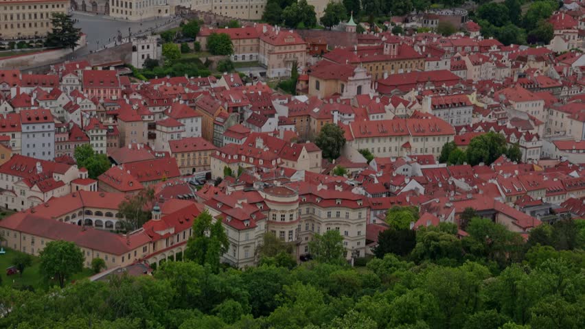 Vertical camera movement showing the imposing St. Vitus Cathedral and Prague Castle under a cloudy sky.