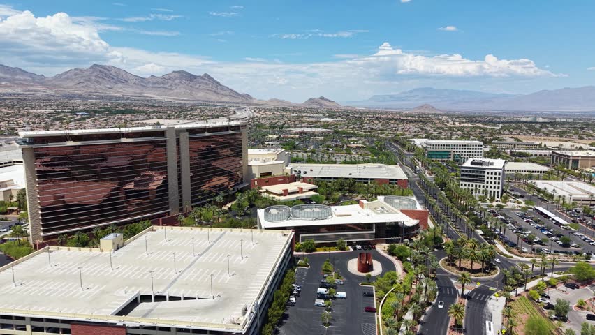 Aerial footage of homes and hotels in the skyline in Las Vegas Nevada USA