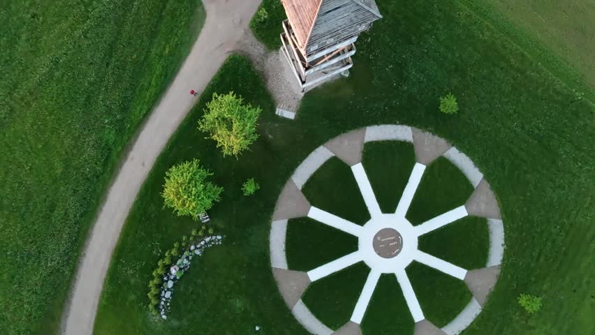 Aerial view of a circular path layout on grass with a central marker, nearby wooden tower and parked cars. As the camera moves the view shows a winding dirt road passing through open fields with scattered trees and distant houses under low sunlight.