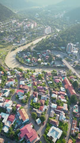 aerial view of the town in mountains