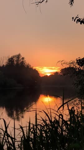 Sunset over a calm river through tall grass