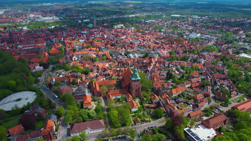 Aerial view of the city and old town Lüneburg in Germany on a sunny day in spring.