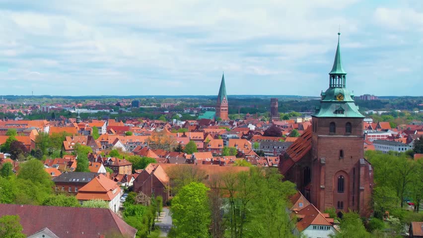 Aerial view of the city and old town Lüneburg in Germany on a sunny day in spring.
