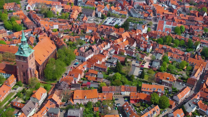 Aerial view of the city and old town Lüneburg in Germany on a sunny day in spring.