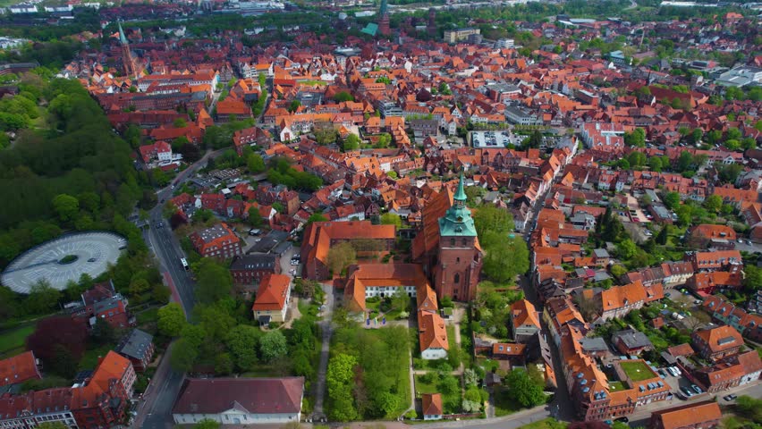Aerial view of the city and old town Lüneburg in Germany on a sunny day in spring.