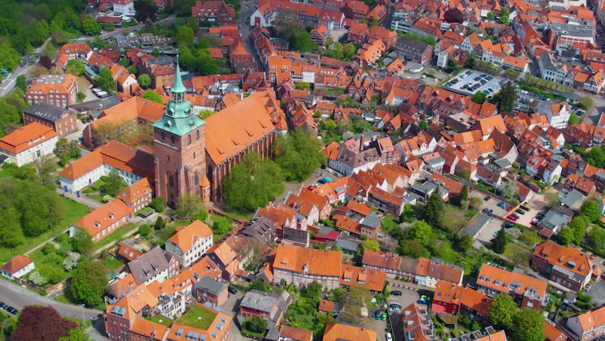 Aerial view of the city and old town Lüneburg in Germany on a sunny day in spring.