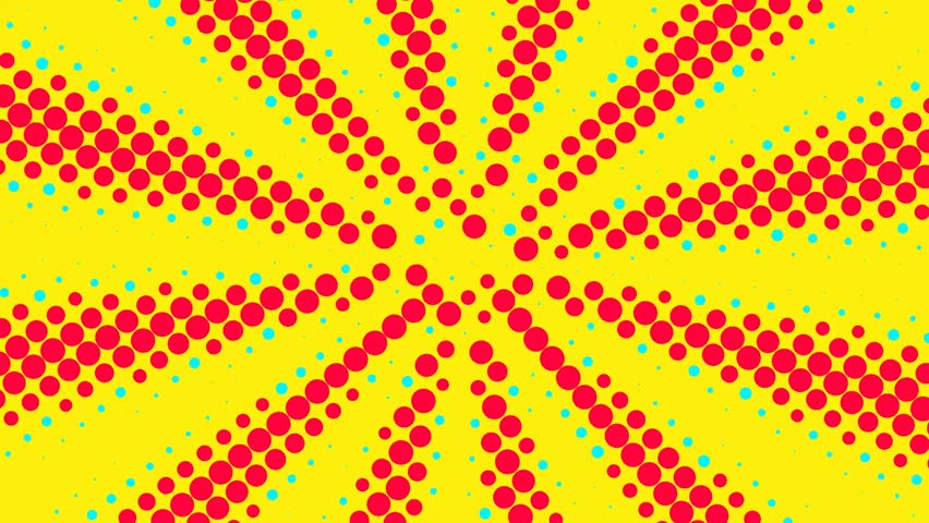 Procedural Motion of Retro Pop Art Halftone Sunburst Background with Red and Cyan Dots on Yellow