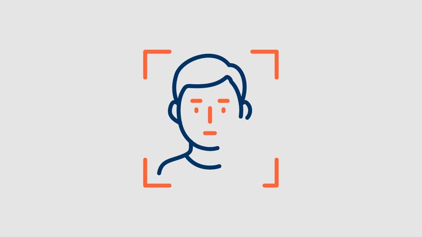This video shows a series of three animated minimalist line icons depicting human profile silhouettes inside scanning frames with evolving orange fingerprint patterns appearing over the lower portion