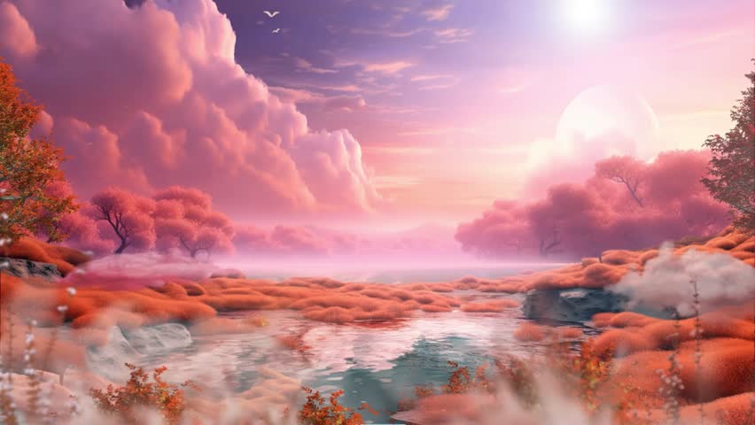 A serene landscape featuring soft clouds and warm sunset light.