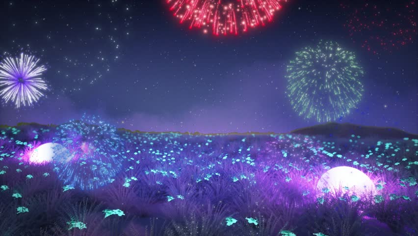 Bright fireworks explode in the night sky above a field of glowing blue flowers.