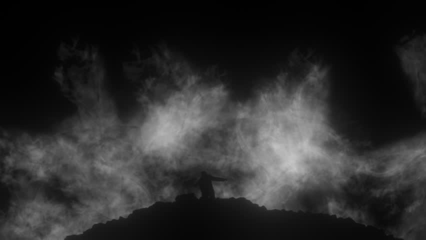 Silhouetted Male Figure Walking and Standing Looking Up at White Smoke Rising on Black Background.