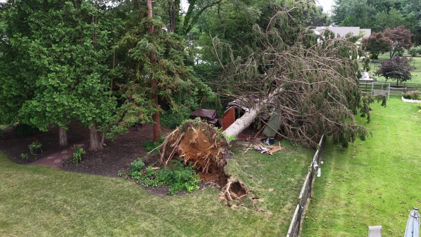 Uprooted tree with exposed roots crushes small shed in backyard at Manheim Township, Pennsylvania, fallen branches and wood debris scatter across mature tree lined lawn. Aerial drone view.