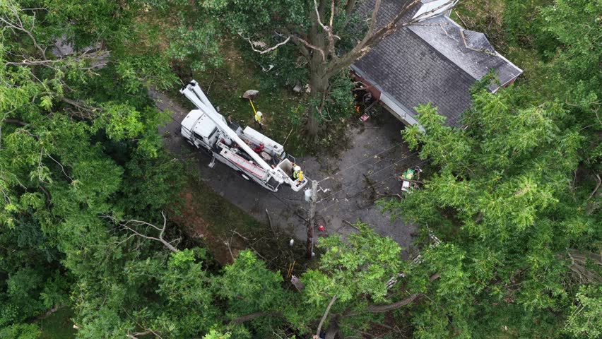 Bucket truck crew clears broken tree draped over garage roof and gravel driveway in Manheim Township, Pennsylvania, dense green yard canopy surrounding storm cleanup site. Aerial drone view.
