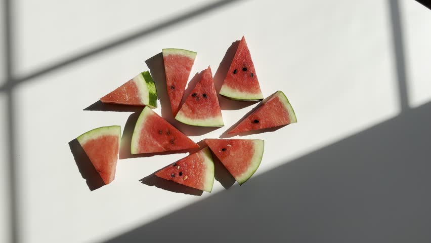 Watermelon slices on a white table under natural sunlight. Sliced watermelon.