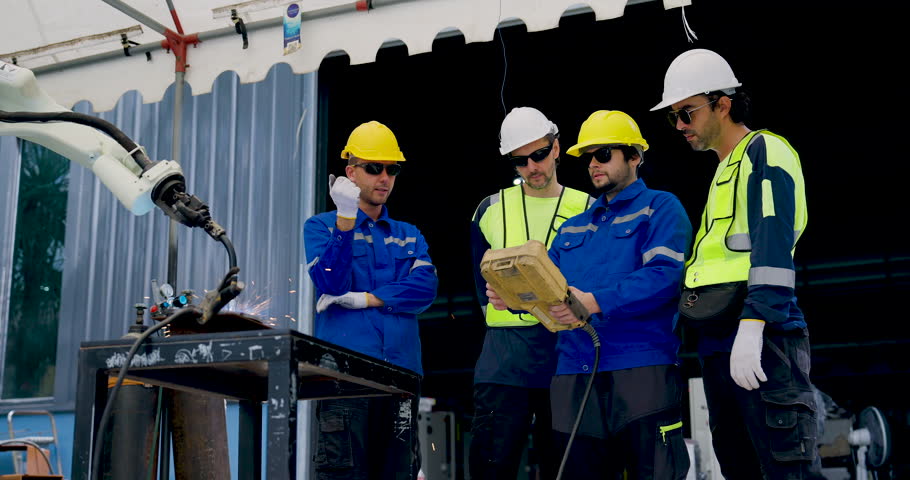 Four adult male technicians review handheld controller beside operating robotic welding arm, discussing equipment performance while sparks fly during automated metal fabrication in factory workshop.