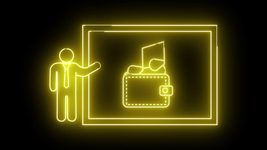 A neon yellow outline depicts a figure presenting a wallet on a board