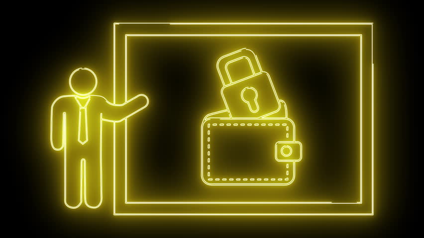 Glowing yellow outlines show a person presenting a wallet with a padlock inside a frame