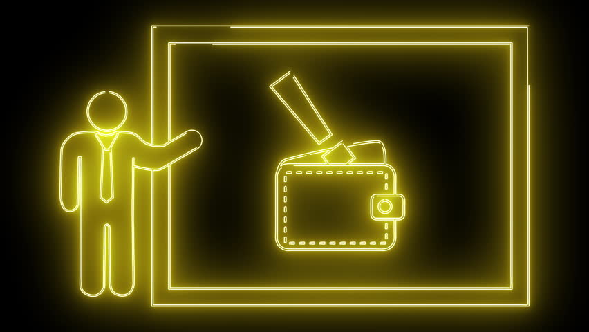 Neon outline person presenting wallet with money on black backdrop