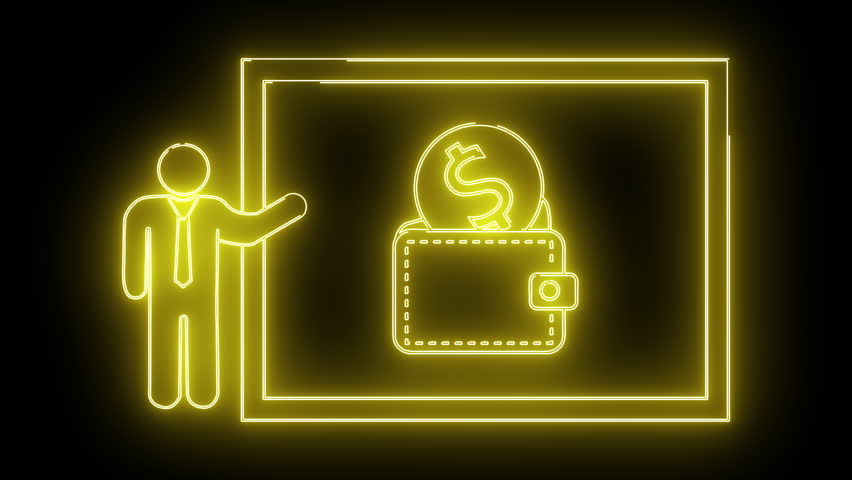 Neon outlines a person presenting a wallet dollar coin within a box