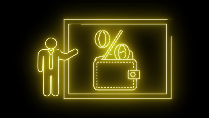 Neon outlines depict a presenter wallet coin and rectangle on a black backdrop