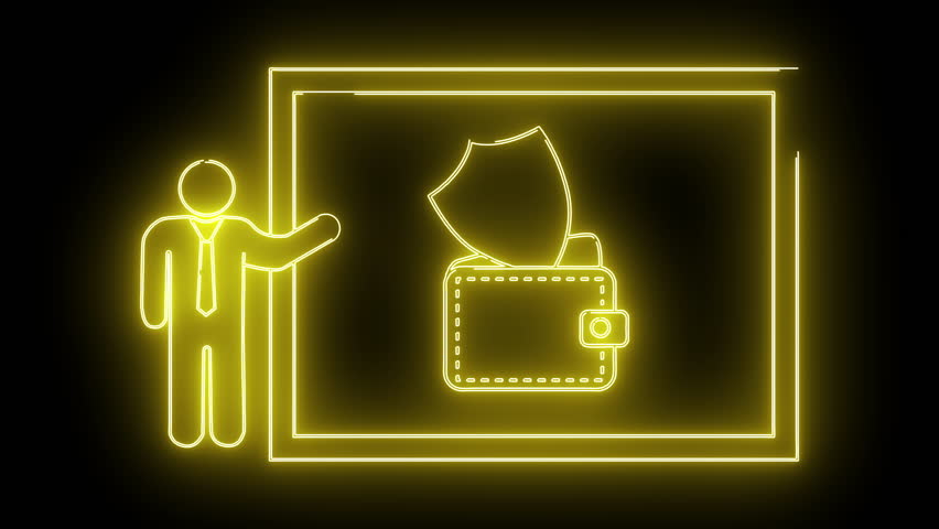 Yellow neon line art figure with wallet shield inside frame
