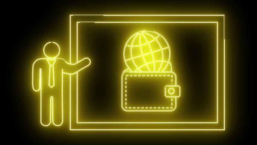 Yellow neonstyle graphic of a presenter next to a wallet topped with a globe within a rectangular frame