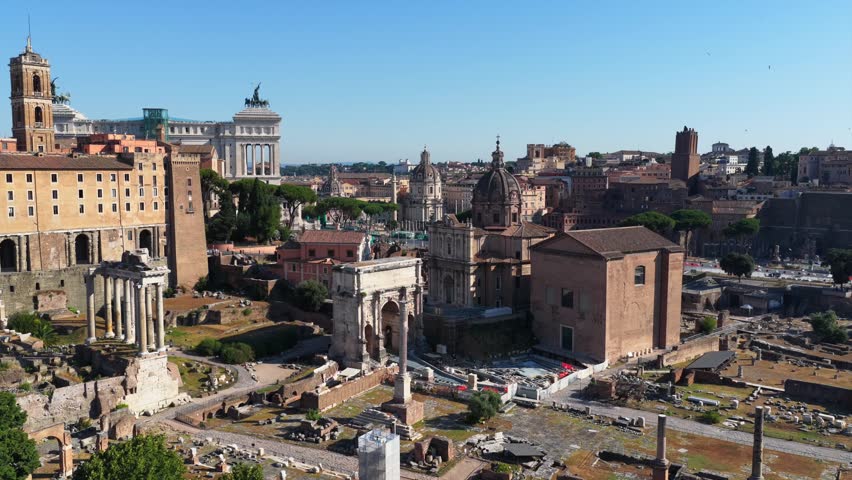 Drone Aerial View of Capitoline Hill, Roman Forum and Altar of the Fatherland, Rome