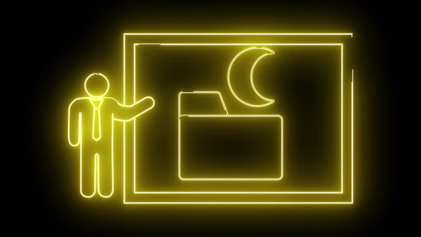 Neon yellow outlines a presenter folder crescent moon against a black background