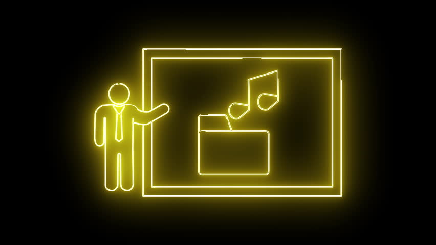 Yellow neon art shows stick figure man presenting a screen of music notes flying from a folder