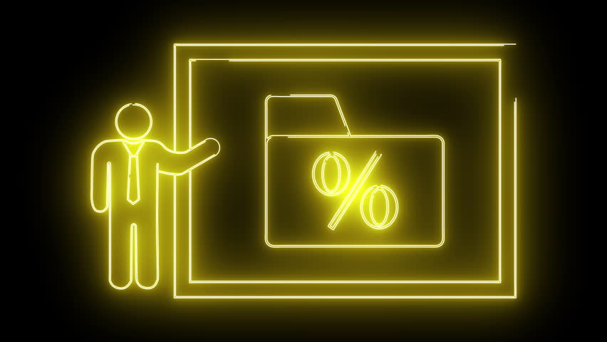 Yellow neon outline of a man presenting a document folder with a percentage sign on a black background