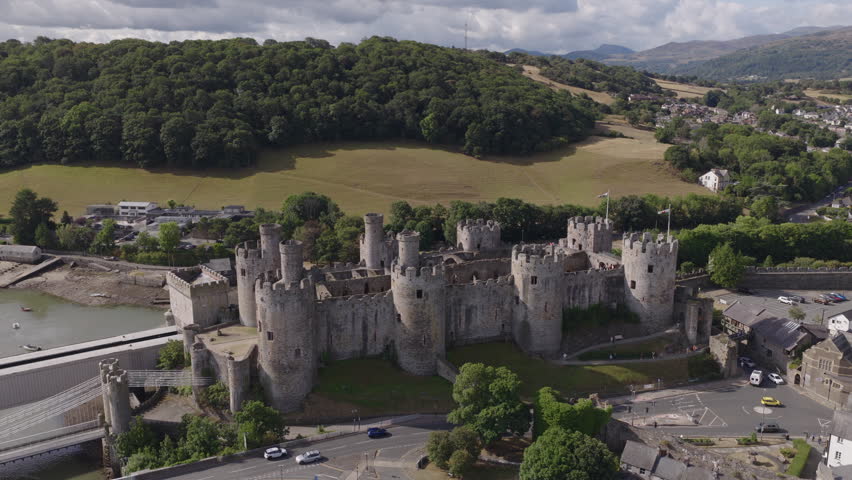 Aerial view of Conwy Castle in North Wales. Historic medieval British architecture. Welsh heritage and culture