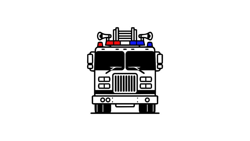 This video features three identical fire truck icons arranged in a horizontal row, each depicted with a front-facing perspective, featuring red and blue emergency lights