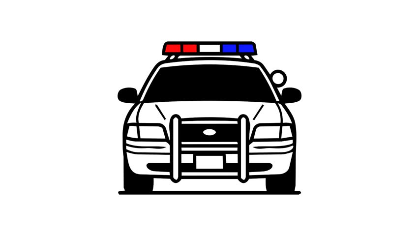 This video shows three identical police vehicles arranged in a horizontal row, each featuring a bull bar and a flashing red and blue light bar, isolated on a transparent background for professional