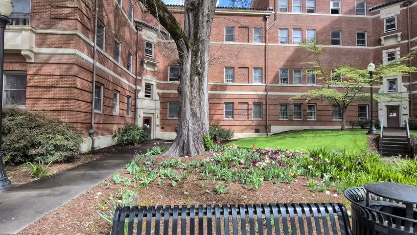 Video showcasing landscaped university grounds with flowers, benches, vintage lighting, and a stately academic building on a beautiful spring afternoon.