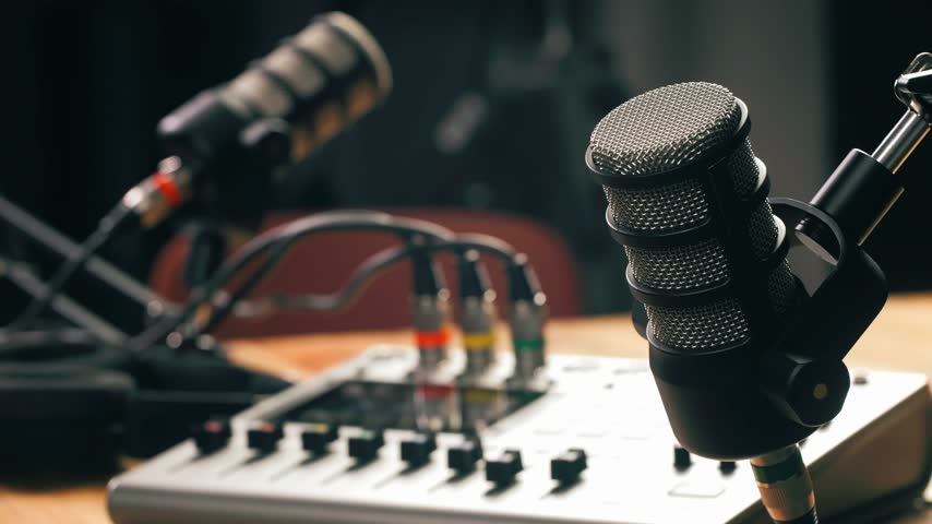 Podcast Live streaming, man radio presenter with microphone, talk show or entertainment. Content creator podcast host in studio for recording audio social media, live concert show. 