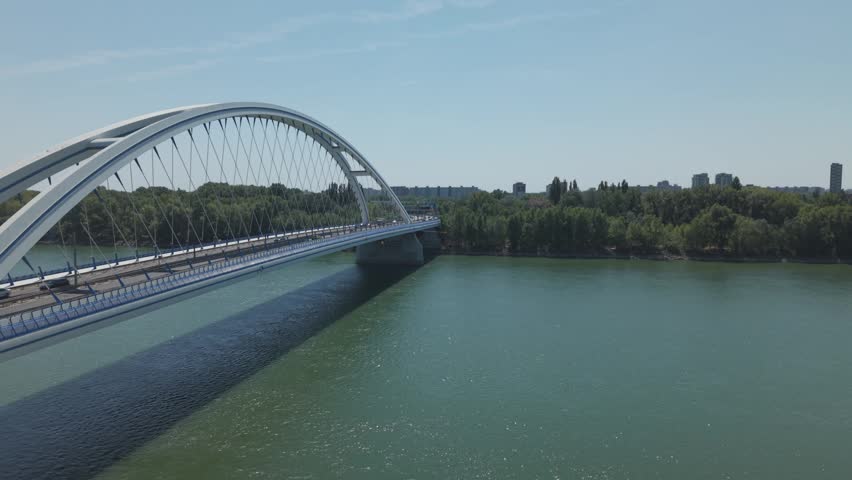 Close Aerial View of Apollo Bridge Over Danube River in Bratislava