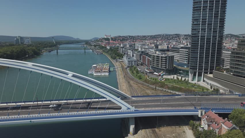 Aerial View of Apollo Bridge and Bratislava Waterfront Skyline