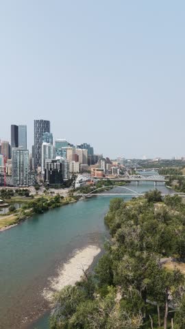 Aerial view of Calgary downtown skyline along the Bow River in Alberta, Canada.