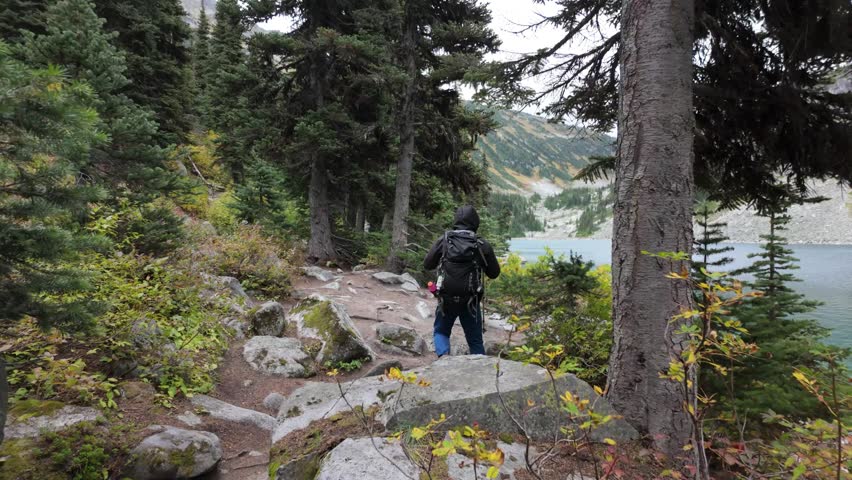 Hiker with Backpack and Trekking Poles Walking a Scenic Trail Alongside an Alpine Lake in British Columbia