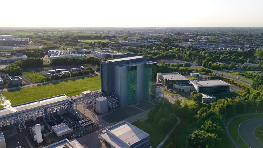 Aerial orbit of Takeda Ireland campus at Grange Castle, Dublin, Ireland. Pharmaceutical business.