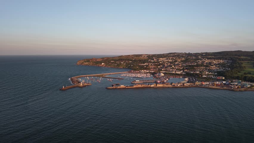 Ultra wide aerial of Howth Marina and harbour overlooking Dublin Bay, Ireland