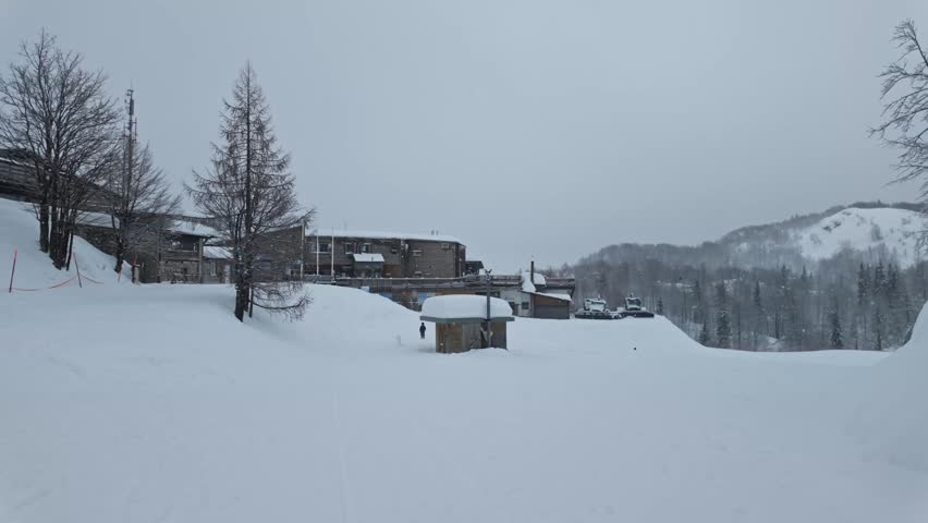 Vogel ski resort in the Julian Alps, Slovenia, with snow-covered chalets in an alpine forest in a tranquil winter mountain landscape during snowfall.