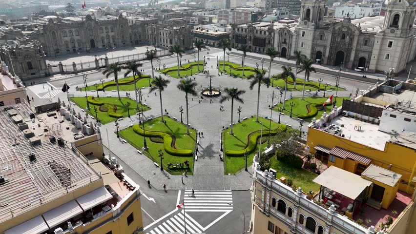 Government Palace In Metropolitan Region Of Lima In Peru. Plaza De Armas Landscape. Downtown District. Cultural Heritage. Government Palace In Metropolitan Region Of Lima In Peru. Tourism Landmark.