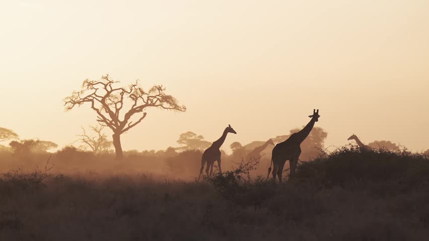 African Wildlife Giraffe Silhouette in Orange Sky Sunset, Silhouetted Giraffes at Sunrise with Beautiful Tree in Golden Hour in Dusty Dry Season Dust in Amboseli in Kenya.