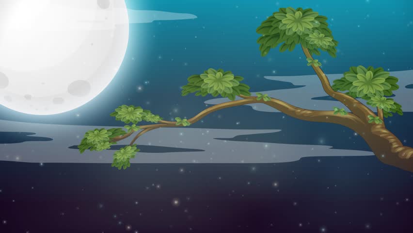 Cartoon tree branch under full moon with glowing particles drifting upward in night sky background.