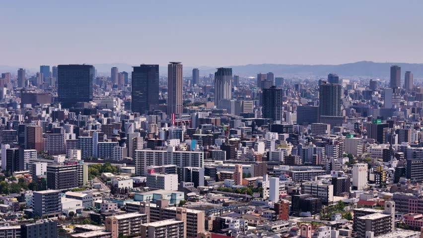 Drone view of Osaka skyscrapers, Japan