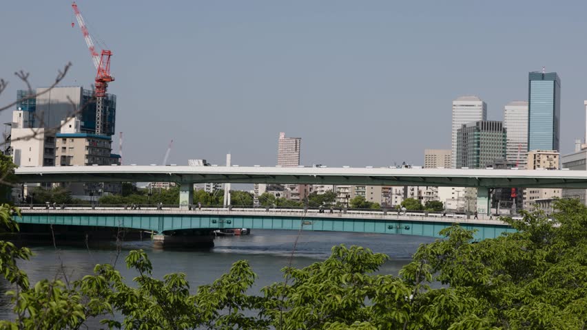 Temmabashi Bridge over Okawa river in Osaka, Japan