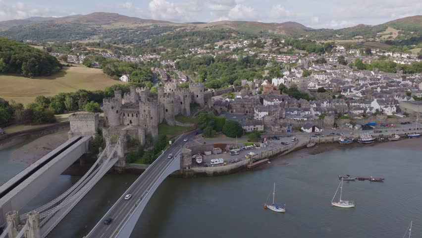 Aerial view of Conwy Castle in North Wales. Historic medieval British architecture. Welsh heritage and culture