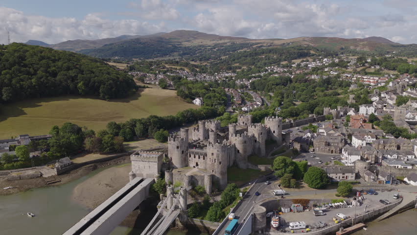 Aerial view of Conwy Castle in North Wales. Historic medieval British architecture. Welsh heritage and culture