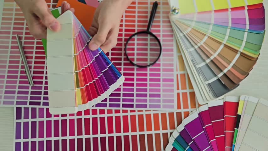 Hands are shown holding different color swatches on a table. Various color palettes display a range of colors. Scissors and design tools are nearby. This shows a creative process.